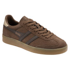 Brown Gola trainer with dark brown stripes and a light brown heel accent