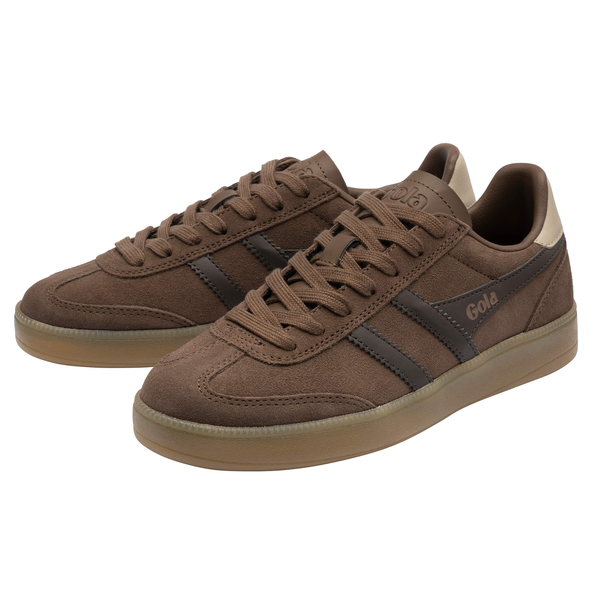 Pair of Gola Harrier trainers in brown suede with dark brown stripes and gum sole