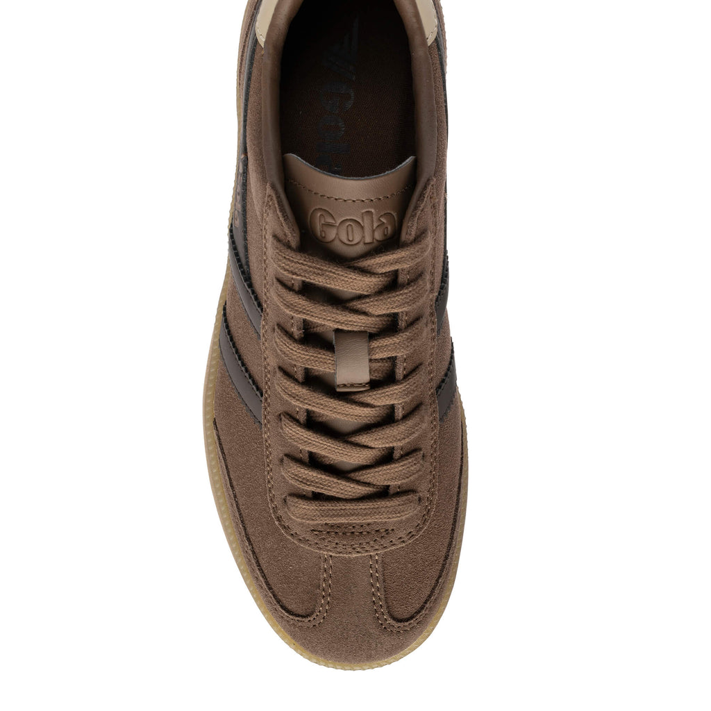 Brown Gola trainer with dark brown stripes and laces