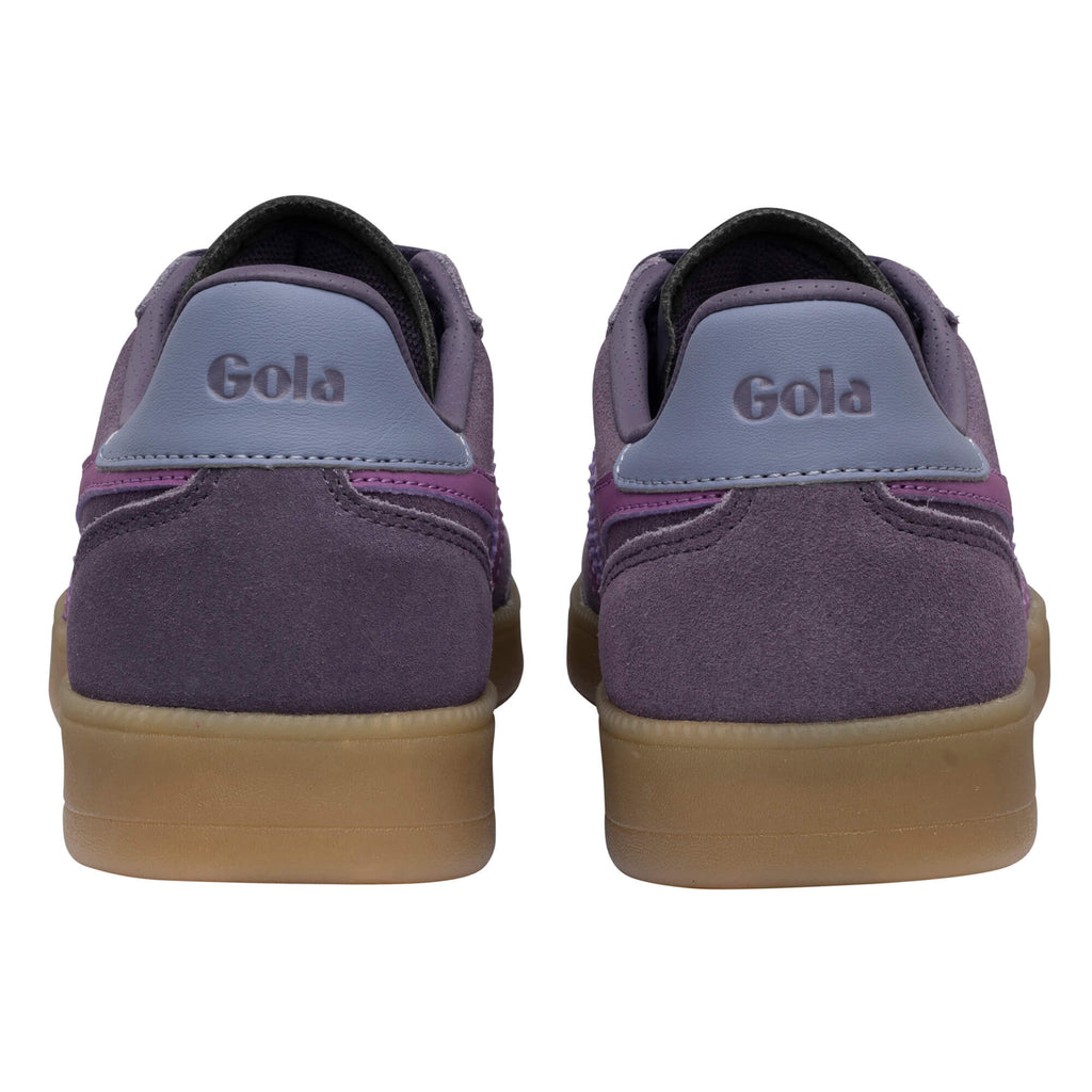 Rear view of two Gola Elan trainers in purple suede with a gum sole