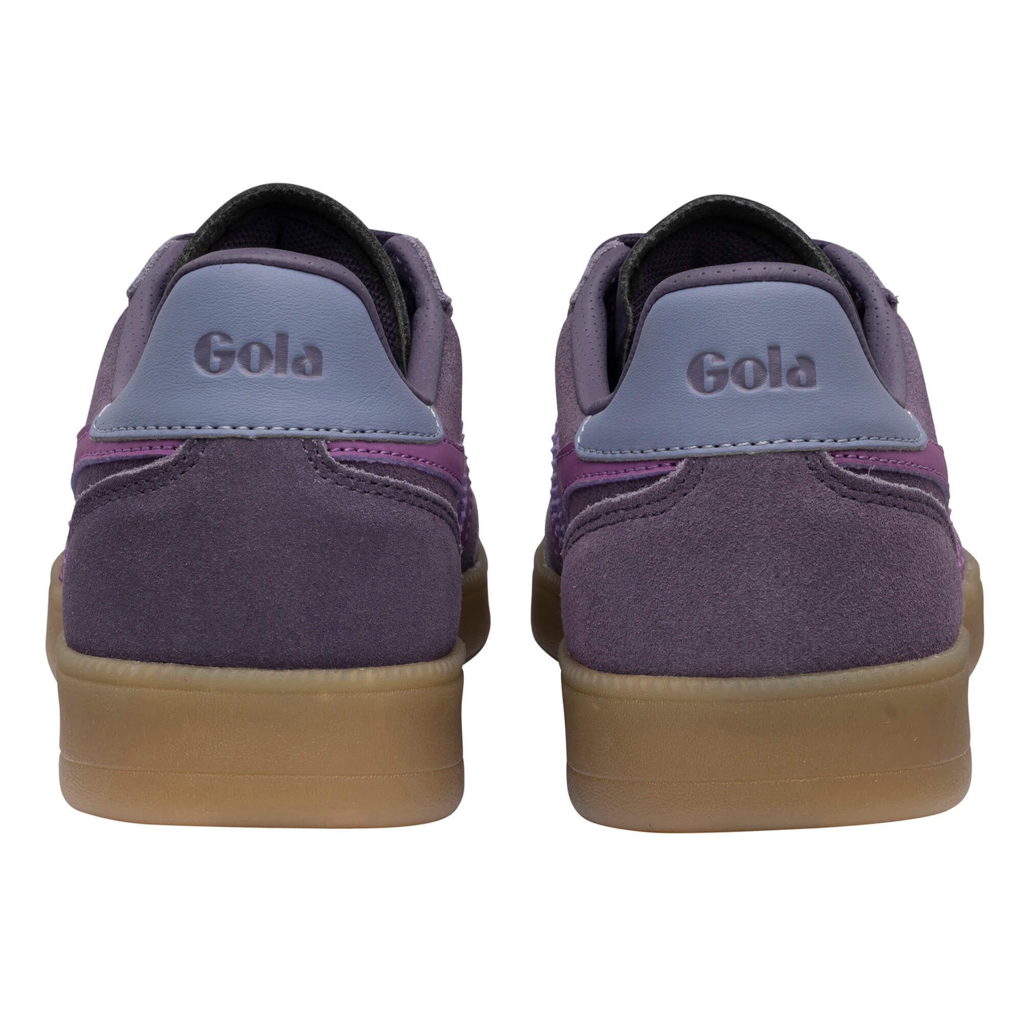Rear view of two Gola Elan trainers in purple suede with a gum sole