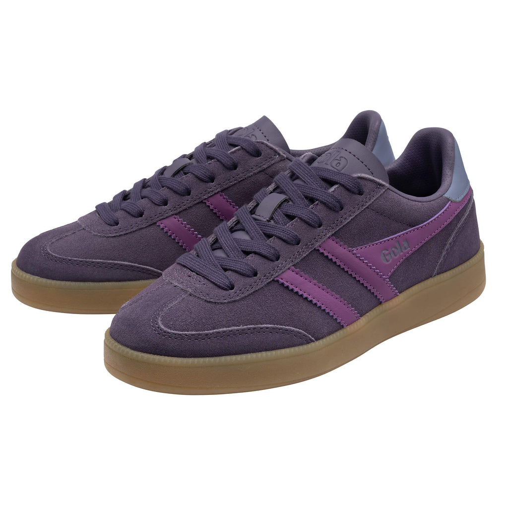 Pair of Gola Elan trainers in purple suede with pink stripes and gum sole