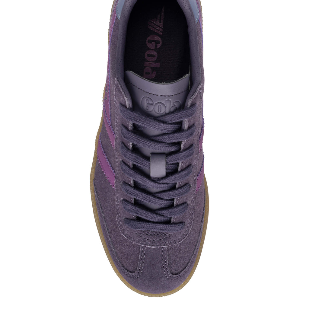 Top-down view of a Gola trainer in purple suede with purple laces and a gum sole