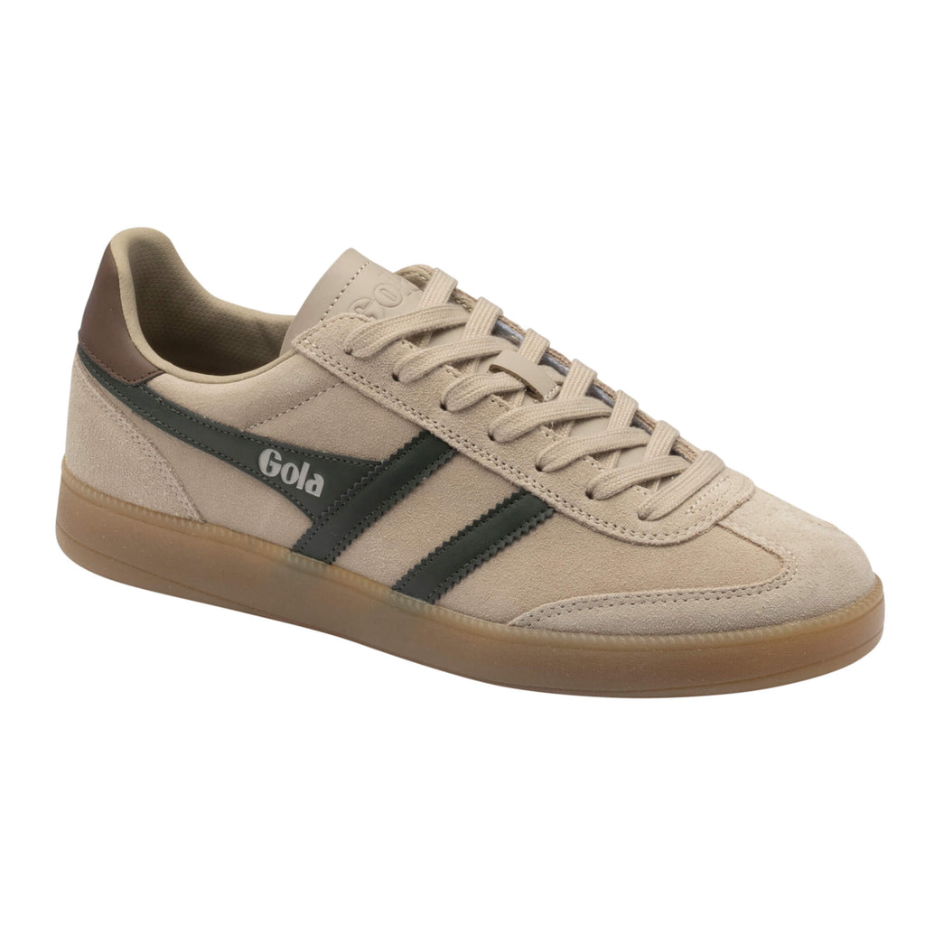 Gola men's trainer in beige suede with dark green stripes and a brown heel tab