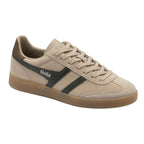 Gola men's trainer in beige suede with dark green stripes and a brown heel tab