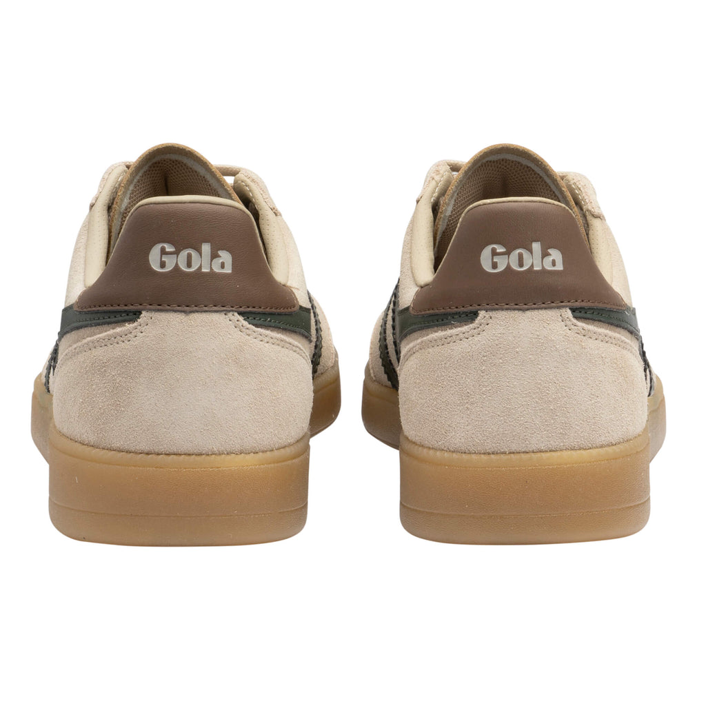 Rear view of two Gola trainers in beige suede with brown heel tabs and gum soles