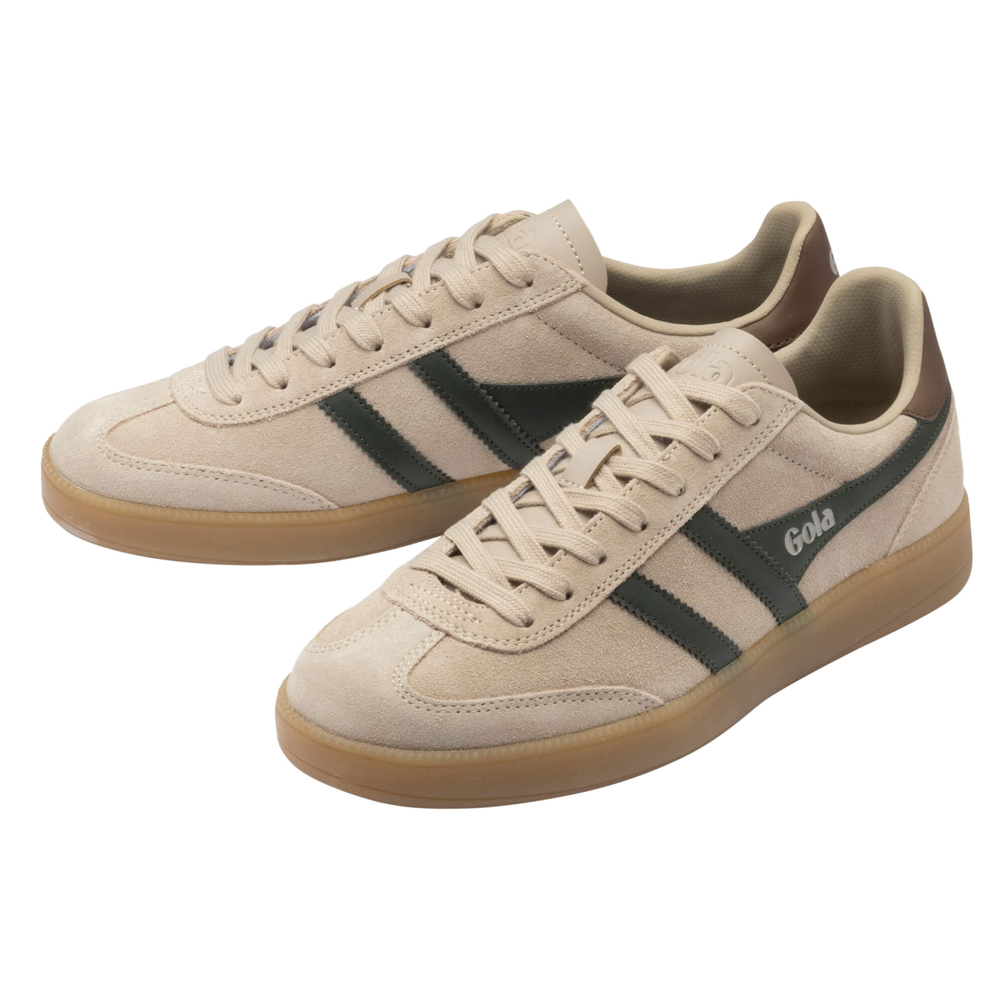 Pair of Gola Harrier trainers in beige suede with dark green stripes and brown gum sole