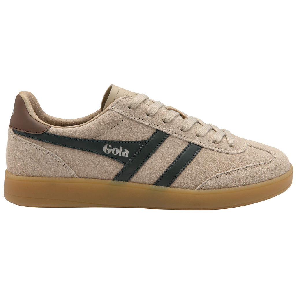 Gola men's trainer in beige suede with dark green stripes and a brown heel tab