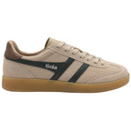 Gola men's trainer in beige suede with dark green stripes and a brown heel tab