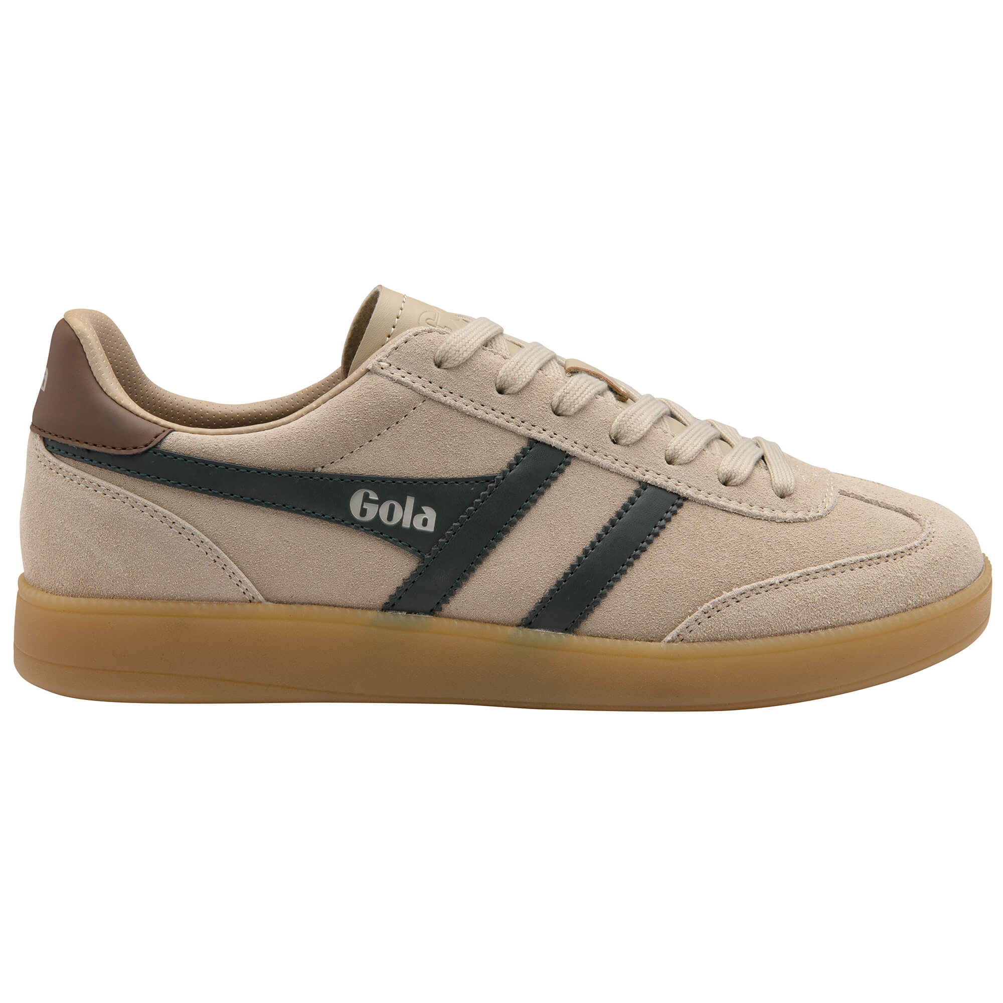 Gola men's trainer in beige suede with dark green stripes and a brown heel tab