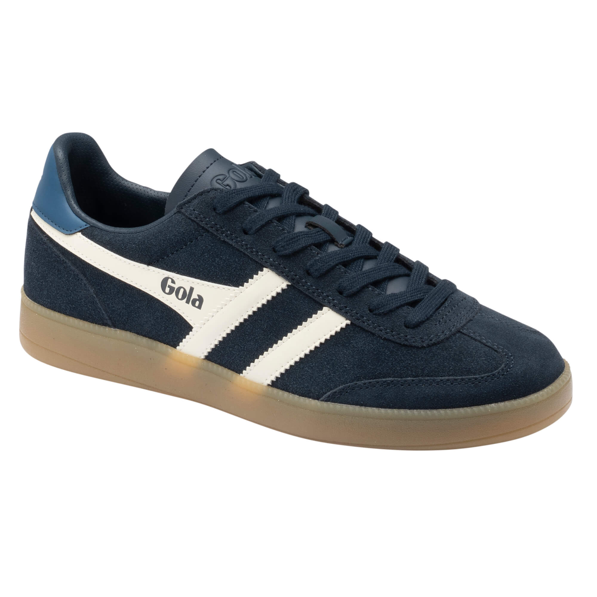 Navy Gola trainer with white stripes and a gum sole