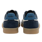 Rear view of two navy blue Gola trainers with white stripes and tan soles