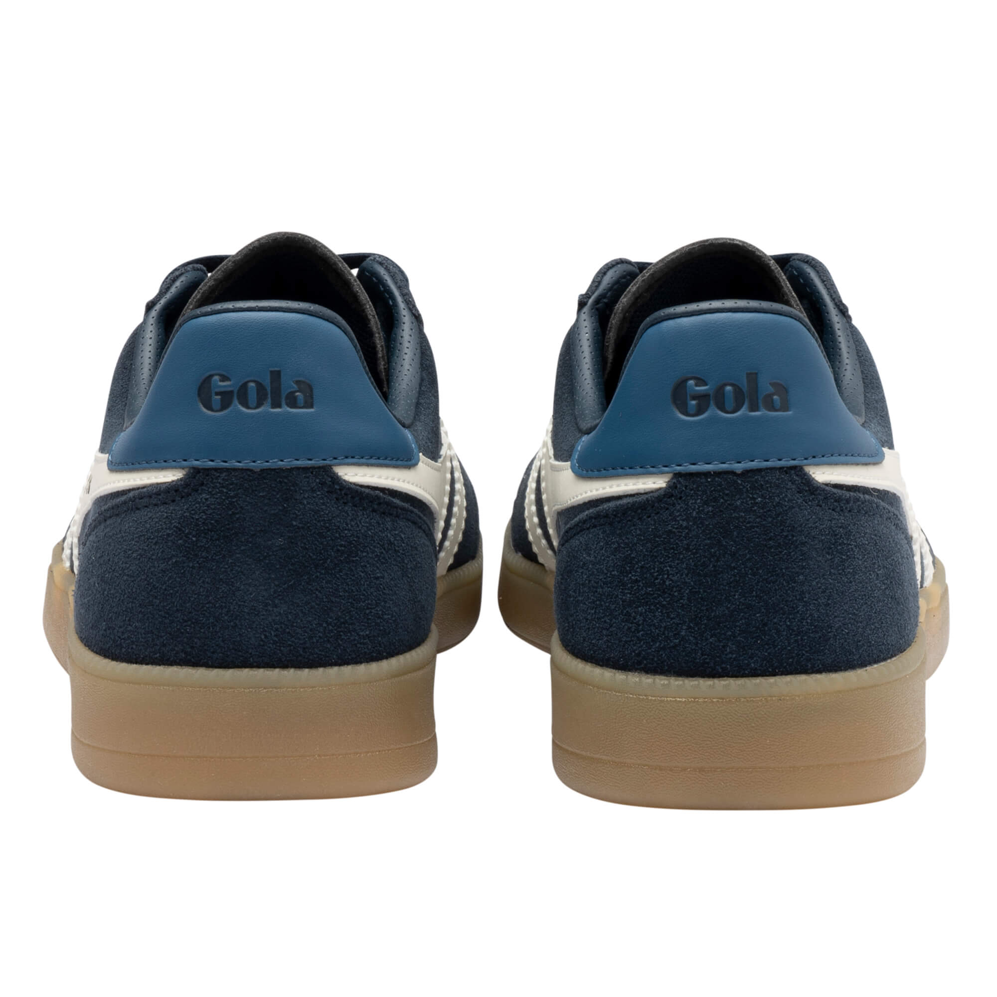 Rear view of two navy blue Gola trainers with white stripes and tan soles