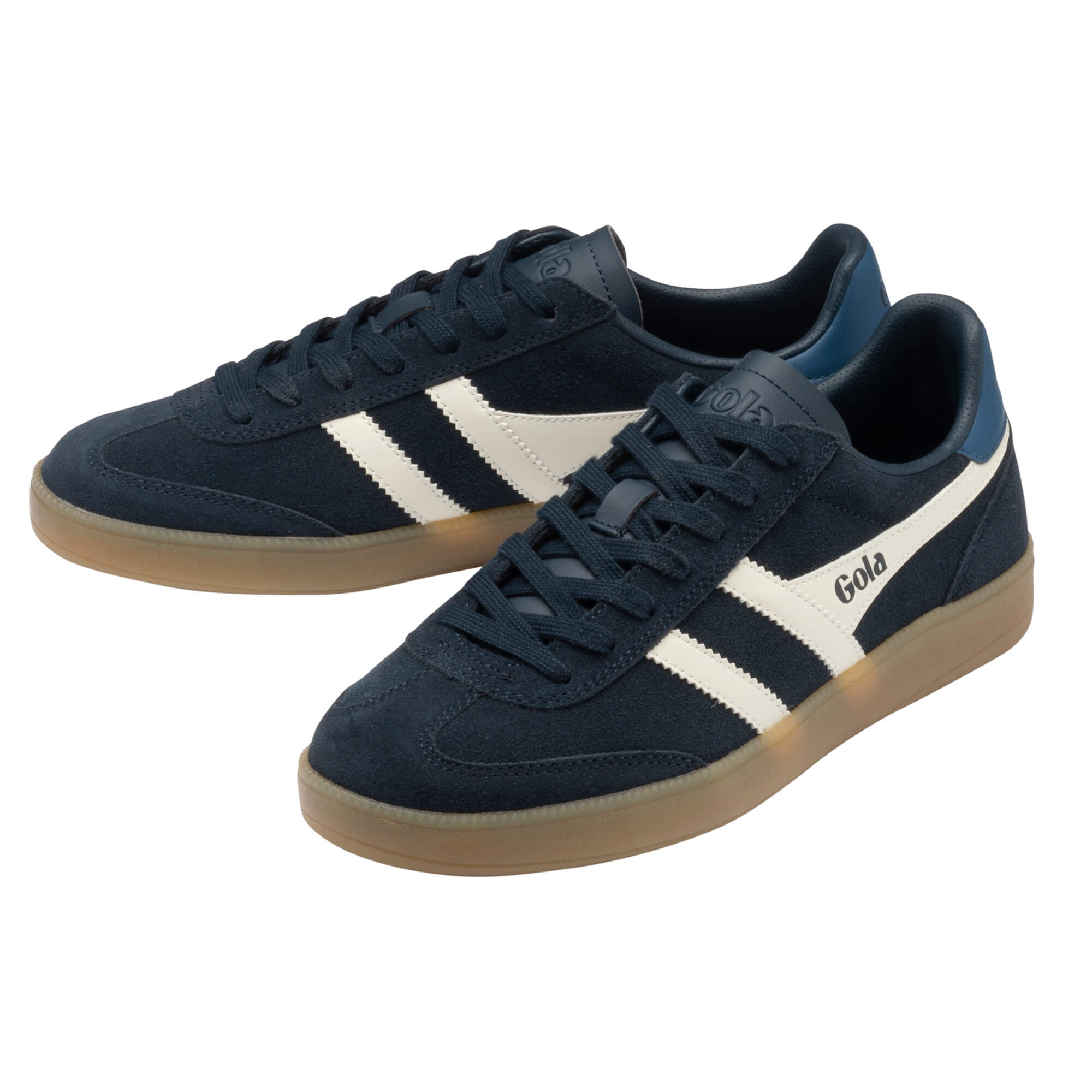 Pair of Gola Harrier trainers in navy suede with white stripes and gum sole