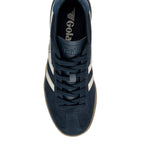 Navy Gola trainer with white stripes and brown sole