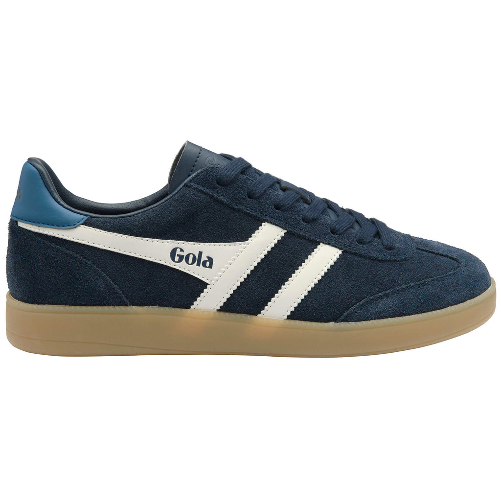 Gola Harrier suede trainers in navy with white stripes and a gum sole