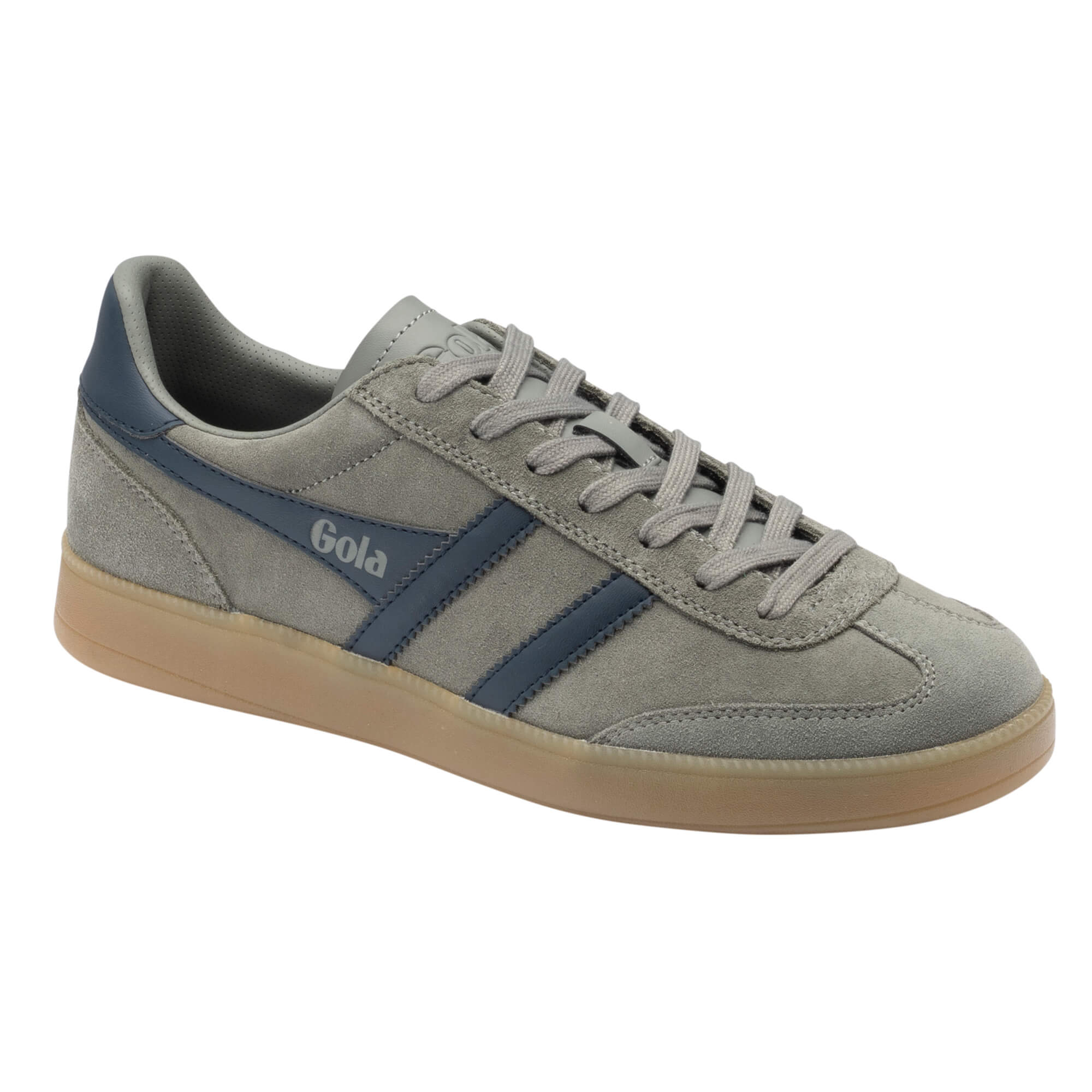 Gola men's trainer in grey suede with navy blue stripes and a gum sole