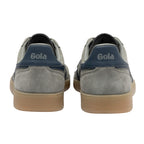 Rear view of two grey Gola trainers with navy blue accents and tan soles