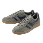 Pair of Gola men's trainers in grey suede with navy blue stripes and gum sole