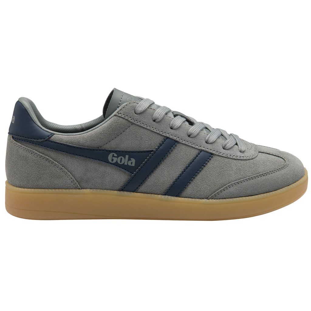Gola men's trainer in grey suede with navy stripes and a gum sole