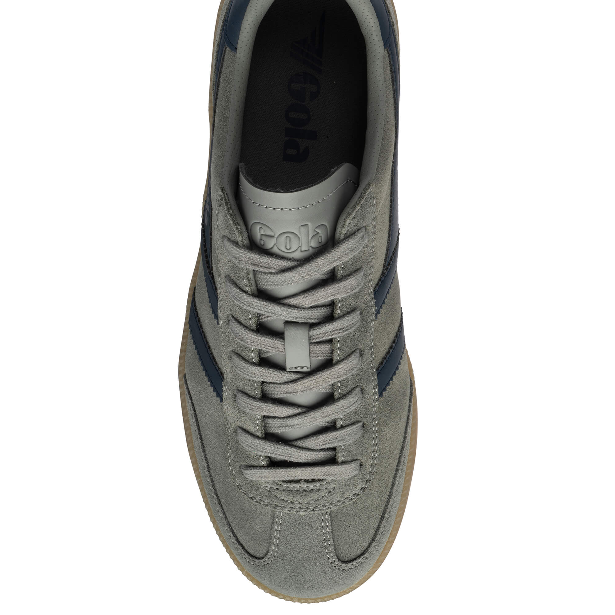 Grey Gola trainer with navy stripes and laces