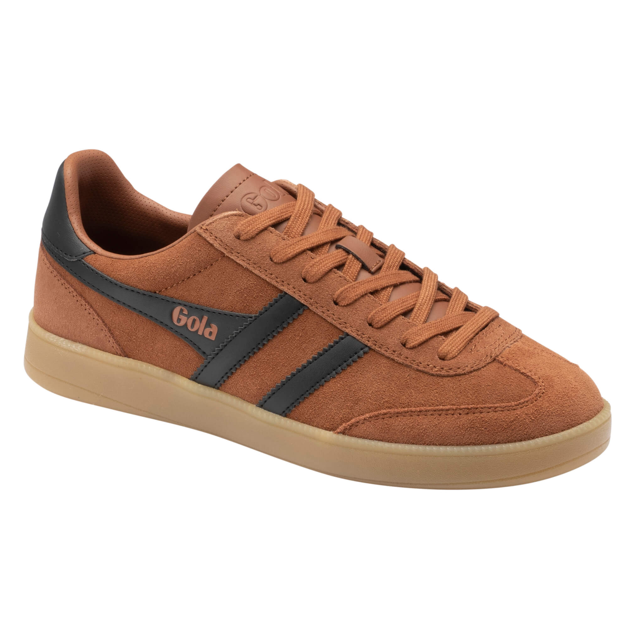 Brown Gola trainer with black stripes and gum sole
