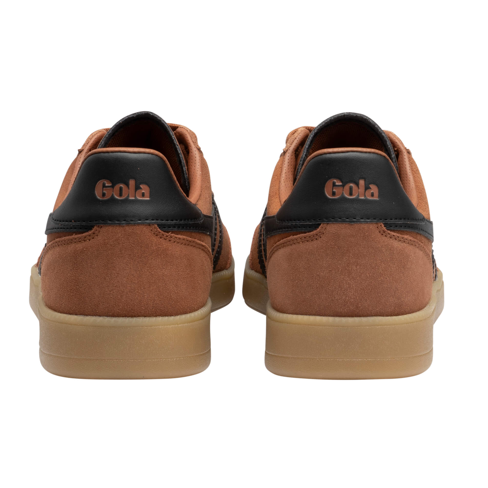 Pair of Gola trainers in brown suede with black heel trim and gum soles, viewed from the rear