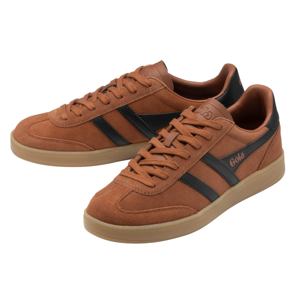 Pair of Gola Elan trainers in tan suede with black stripes and gum sole