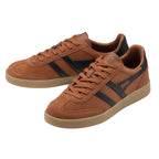 Pair of Gola Elan trainers in tan suede with black stripes and gum sole
