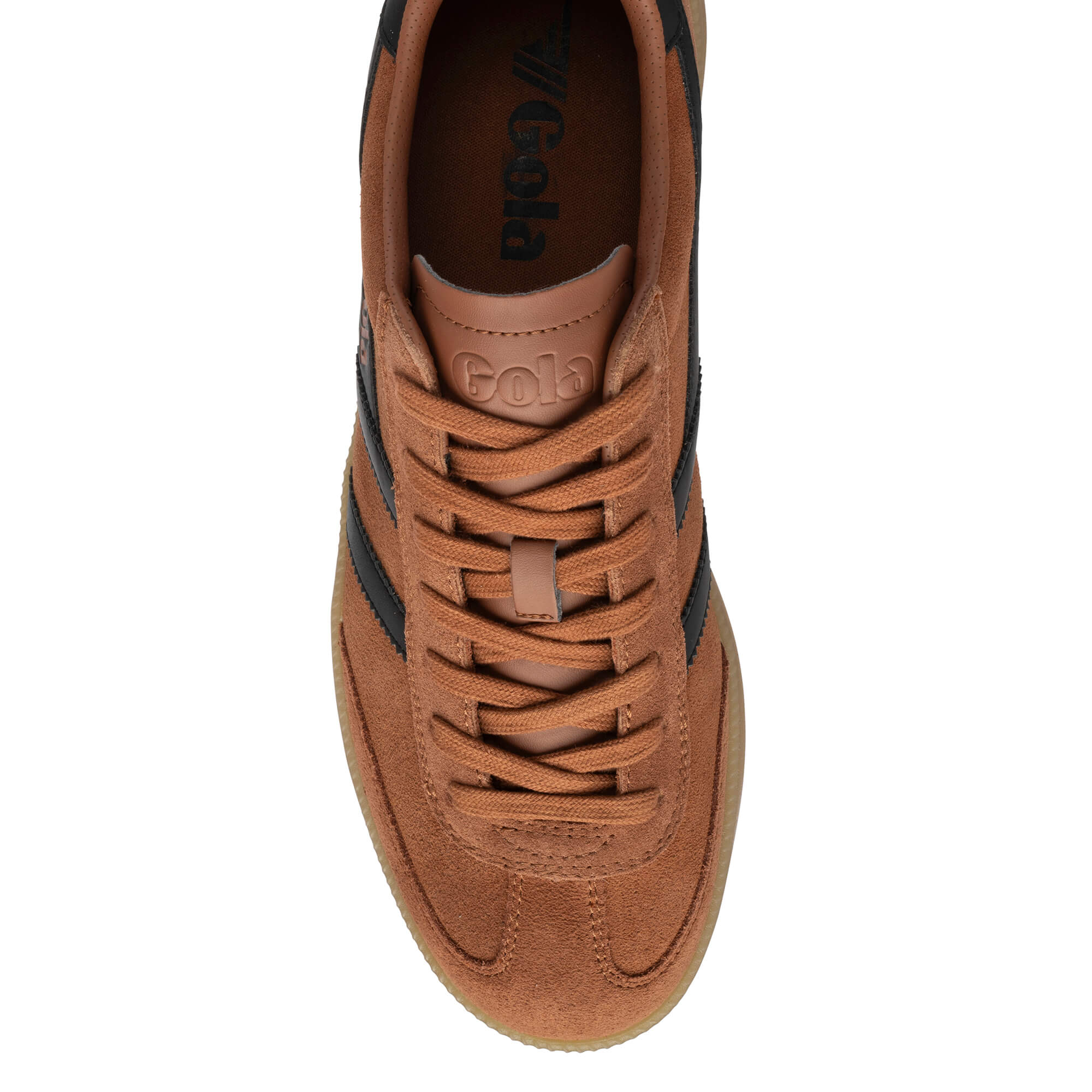 Top-down view of a brown Gola trainer with black stripes and laces