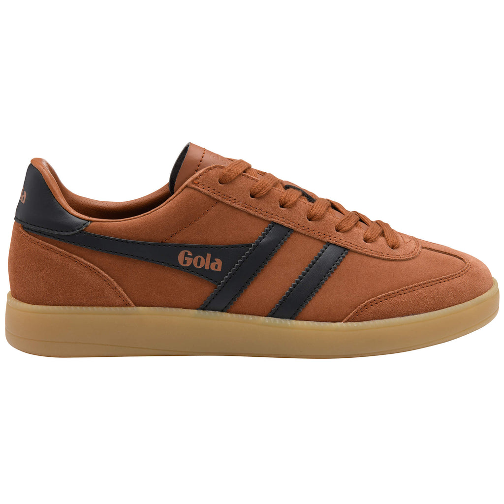 Gola men's trainer in tan suede with black stripes and gum sole