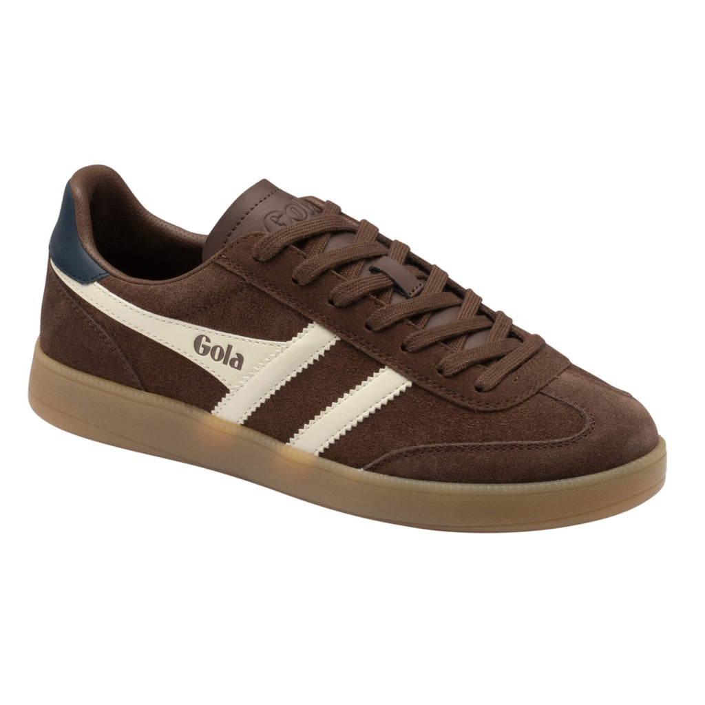 Gola men's trainer in brown suede with white stripes and a gum sole