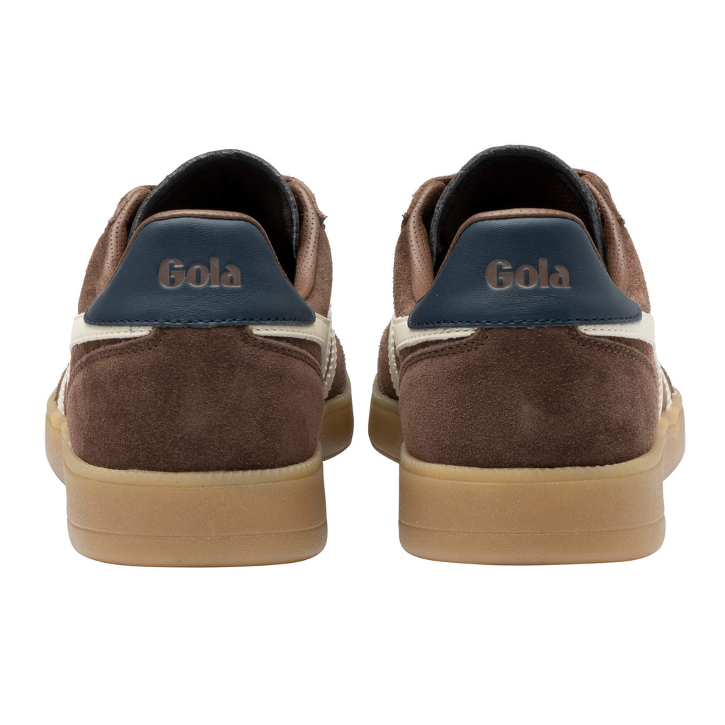 Pair of Gola trainers, brown suede with navy heel tab and cream stripe, rear view