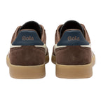 Pair of Gola trainers, brown suede with navy heel tab and cream stripe, rear view