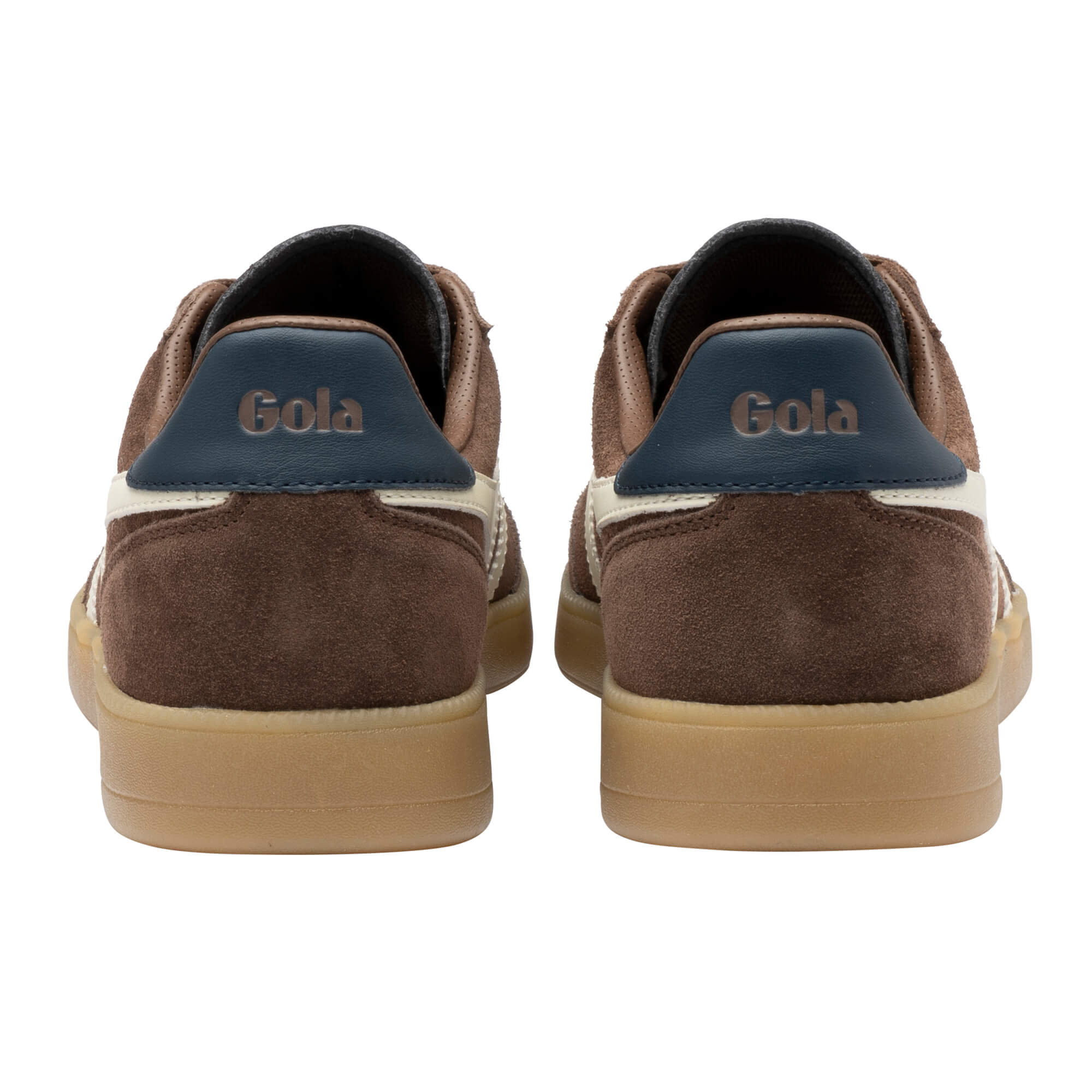 Pair of Gola trainers, brown suede with navy heel tab and cream stripe, rear view