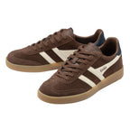 Pair of Gola Harrier trainers in brown suede with off-white stripes and gum sole