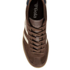 Brown Gola trainer with cream stripes and laces
