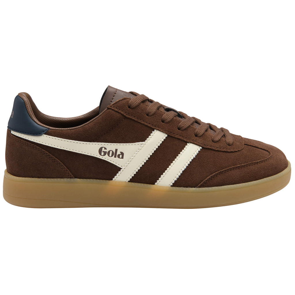 Gola Harrier suede trainers in brown with white stripes and a gum sole