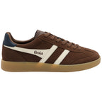 Gola Harrier suede trainers in brown with white stripes and a gum sole