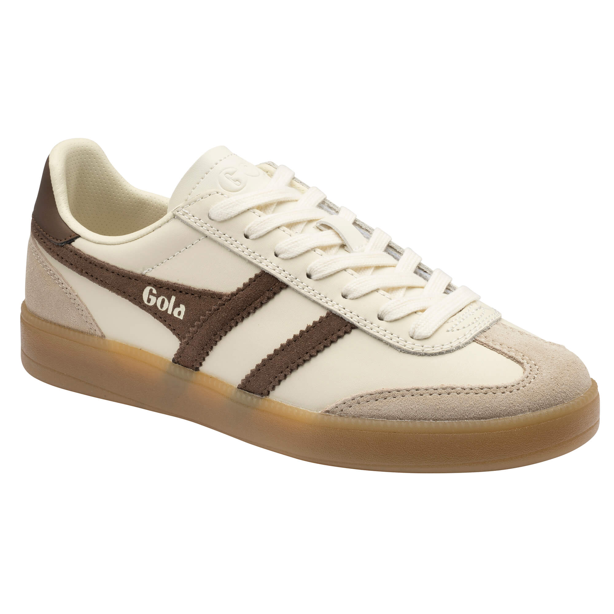 Gola men's trainer in off-white with brown stripes and gum sole
