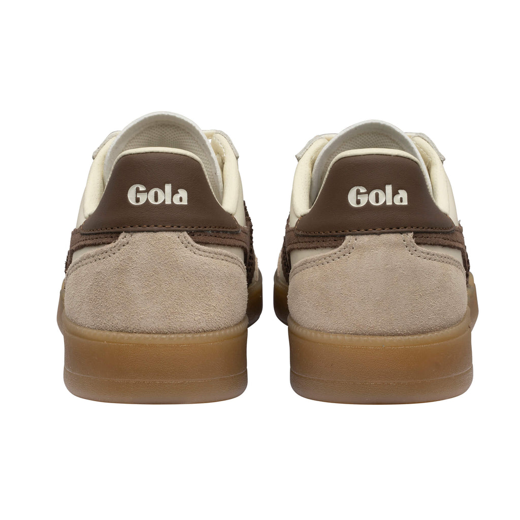 Pair of Gola trainers, rear view, with brown heel tab and beige suede