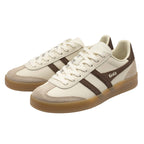 Pair of Gola Elan trainers in off-white with brown stripes and gum sole