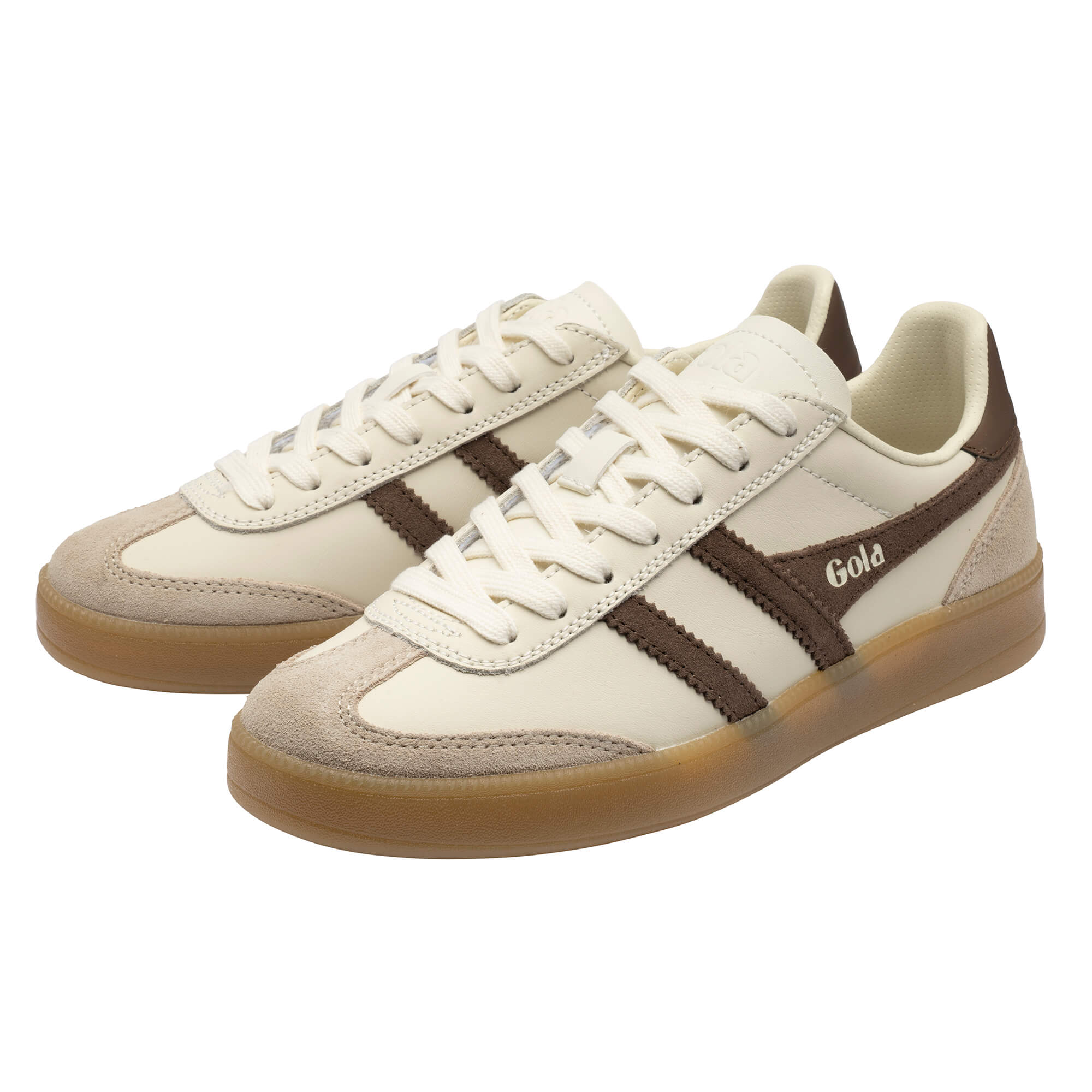 Pair of Gola Elan trainers in off-white with brown stripes and gum sole
