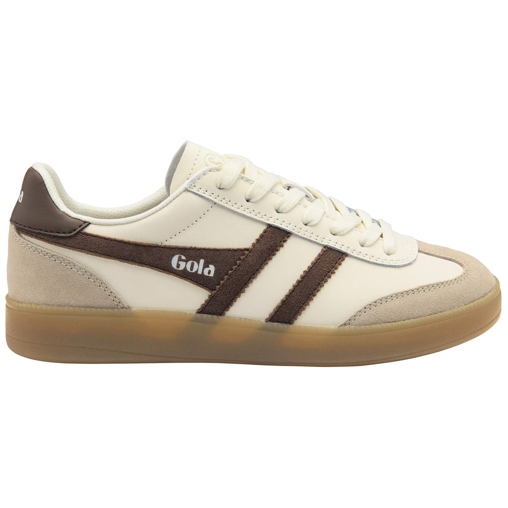 Gola Harrier trainers in off-white with brown stripes and a gum sole