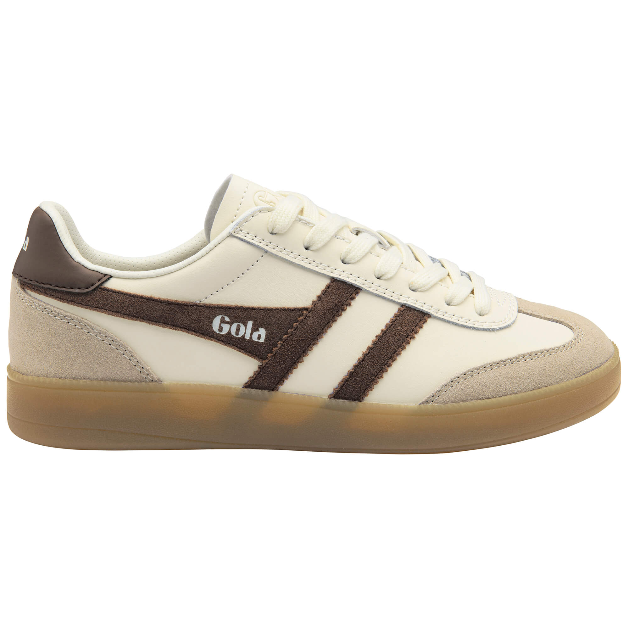 Gola Harrier trainers in off-white with brown stripes and a gum sole