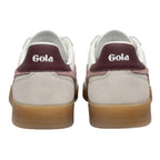 Pair of Gola trainers, white with burgundy and pink accents, gum sole, rear view
