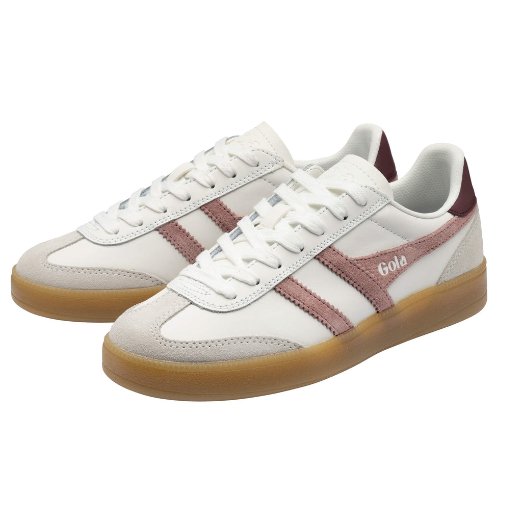 Pair of white Gola trainers with pink stripes and gum soles