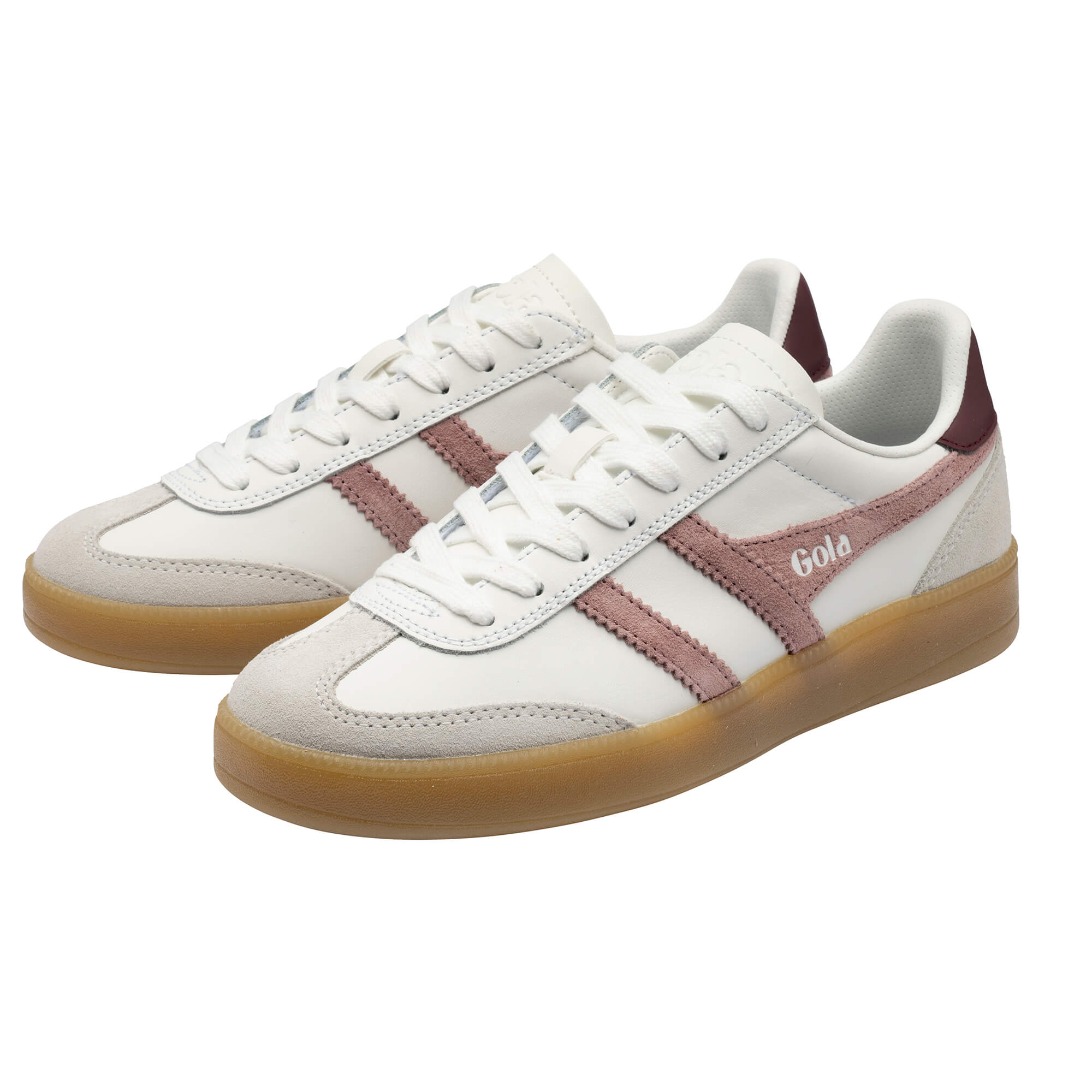 Pair of white Gola trainers with pink stripes and gum soles