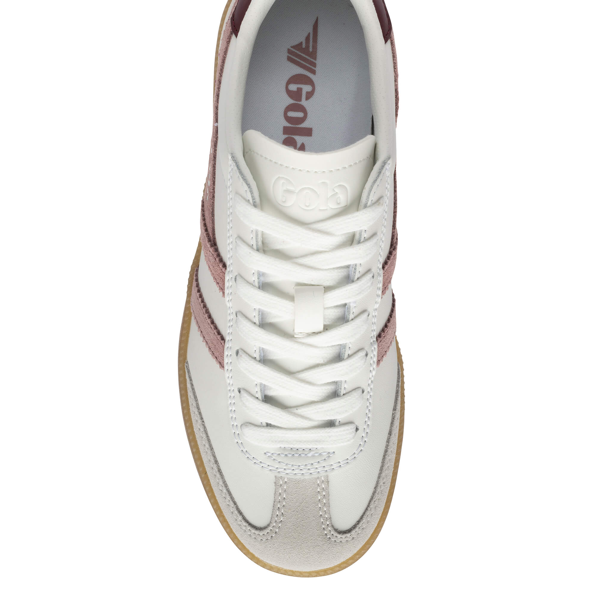 Top-down view of a white Gola trainer with pink stripes and a light brown sole
