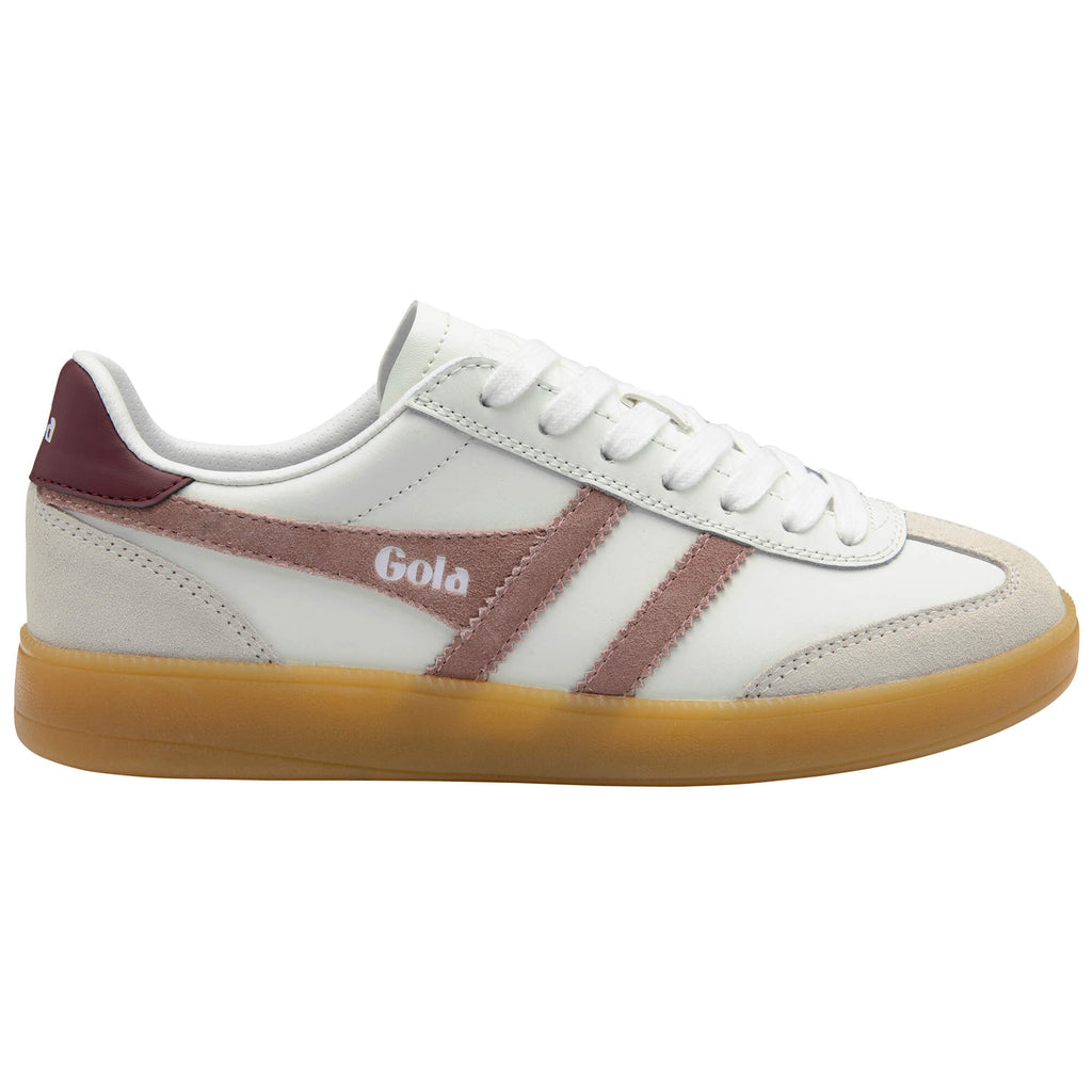 Gola women's trainer in white with a gum sole and pink trim